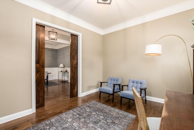 living area featuring ornamental molding and dark wood-type flooring