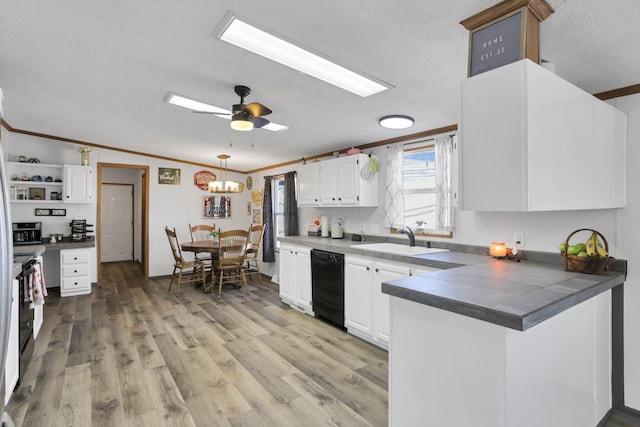 kitchen with sink, dishwasher, ornamental molding, white cabinets, and kitchen peninsula