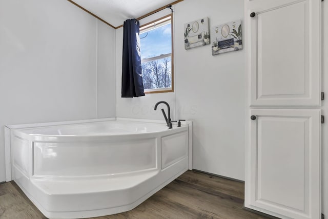 bathroom with a tub and hardwood / wood-style floors