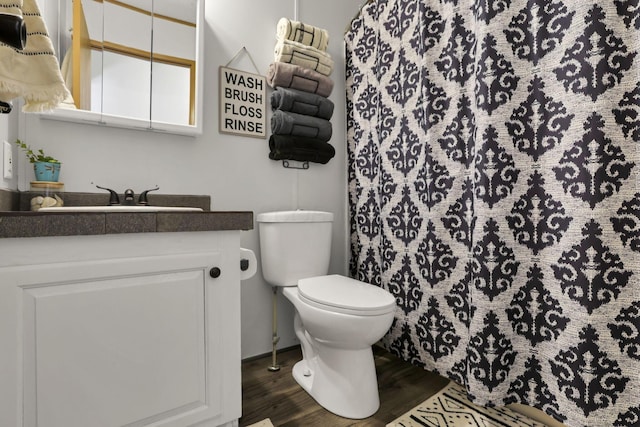 bathroom featuring vanity, wood-type flooring, and toilet