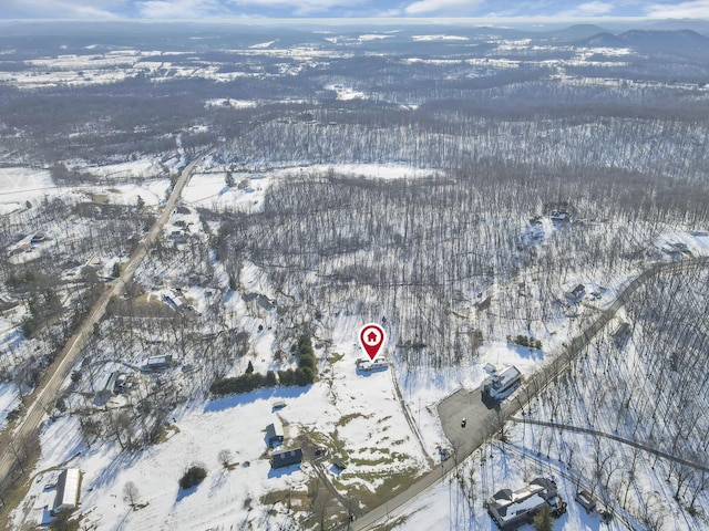 snowy aerial view featuring a mountain view