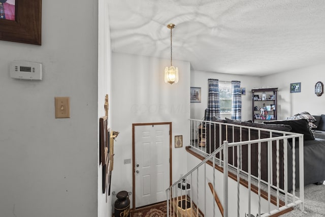 stairs featuring carpet and a textured ceiling