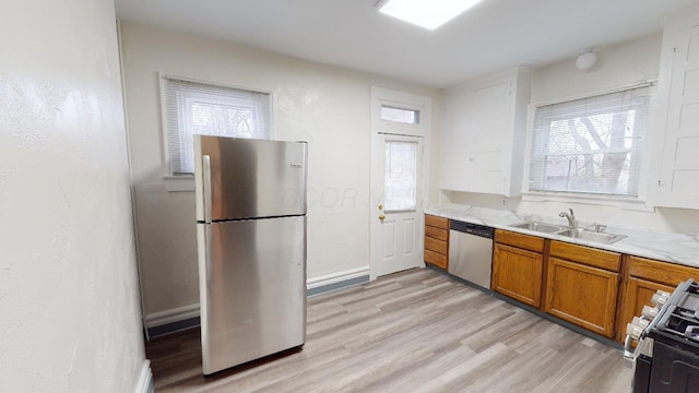 kitchen featuring appliances with stainless steel finishes, sink, and light wood-type flooring