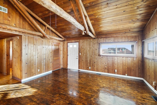 interior space featuring wood ceiling, wood walls, vaulted ceiling with beams, and dark hardwood / wood-style floors