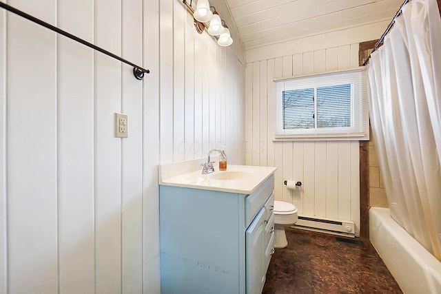 full bathroom featuring shower / bathtub combination with curtain, a baseboard heating unit, vanity, wooden walls, and toilet