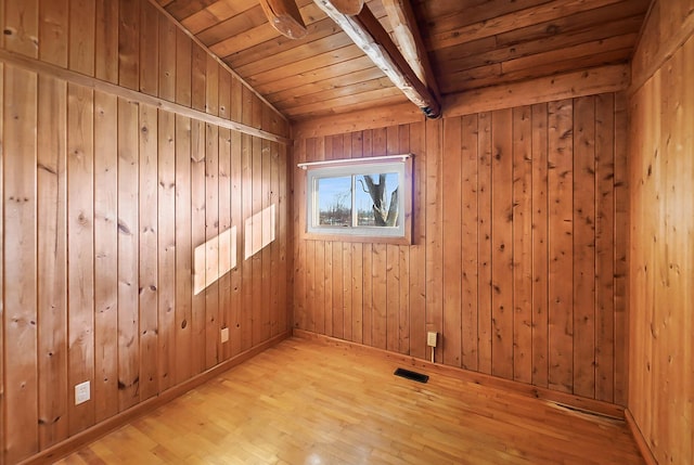 spare room featuring wooden walls, vaulted ceiling with beams, wooden ceiling, and hardwood / wood-style floors