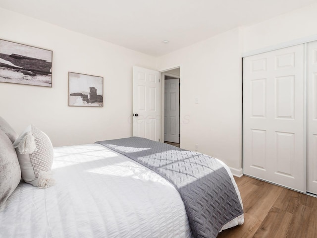 bedroom featuring hardwood / wood-style floors and a closet