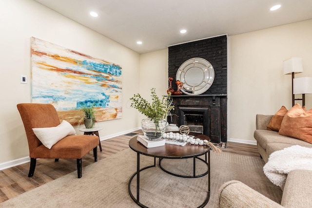 living room with wood-type flooring and a fireplace