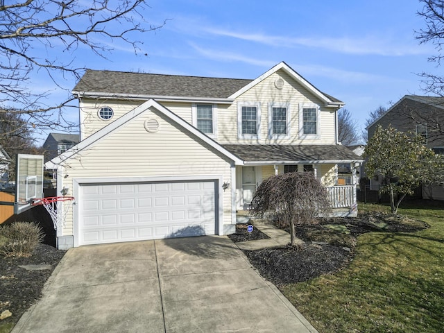 front facade featuring a garage, a front lawn, and covered porch