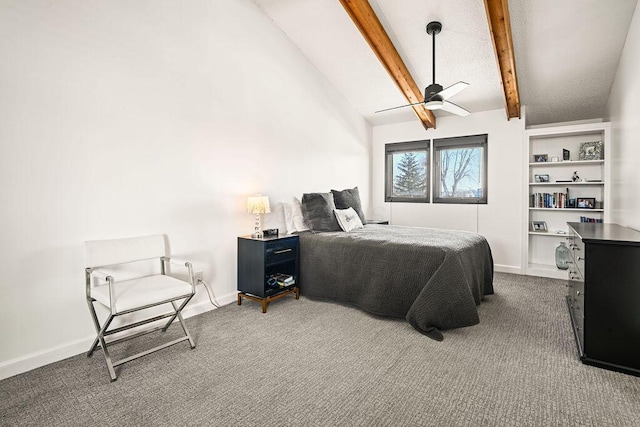 bedroom with carpet, vaulted ceiling with beams, and ceiling fan