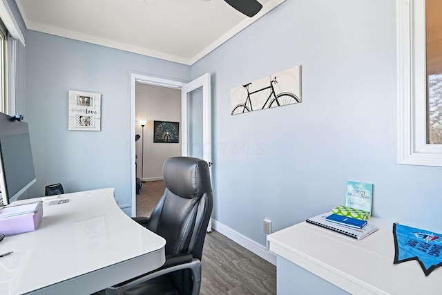 office area featuring ornamental molding and ceiling fan