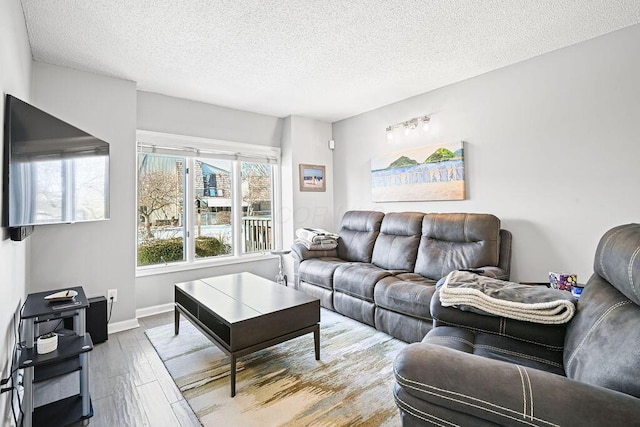 living room featuring hardwood / wood-style floors and a textured ceiling