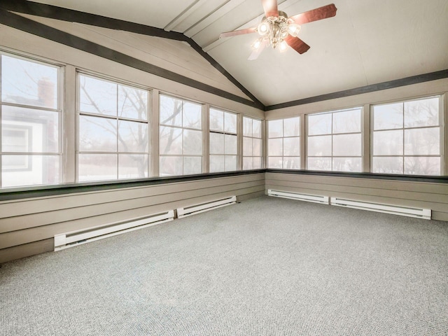 unfurnished sunroom with a baseboard heating unit, ceiling fan, and lofted ceiling