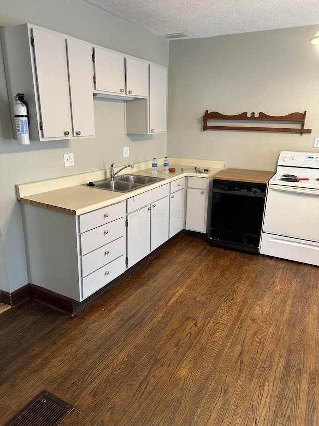 kitchen featuring a textured ceiling, dishwasher, sink, white range with electric stovetop, and white cabinets