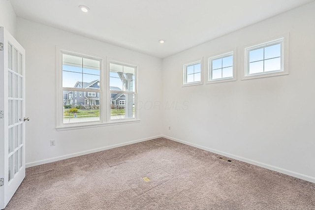 carpeted spare room with french doors and a wealth of natural light