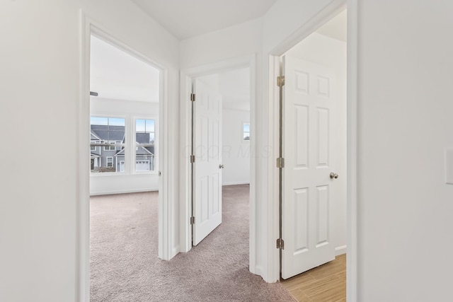 hallway with light colored carpet