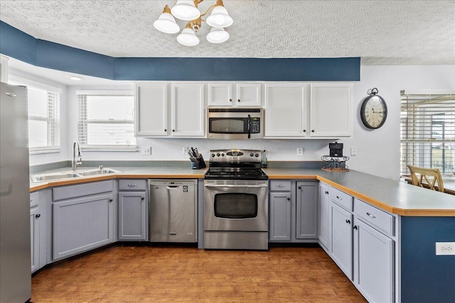 kitchen featuring stainless steel appliances, gray cabinets, kitchen peninsula, and sink