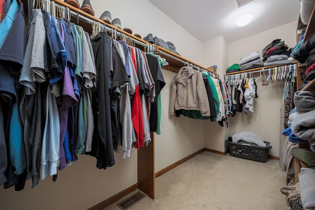 walk in closet with light colored carpet