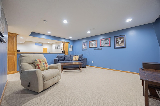 living room featuring light colored carpet