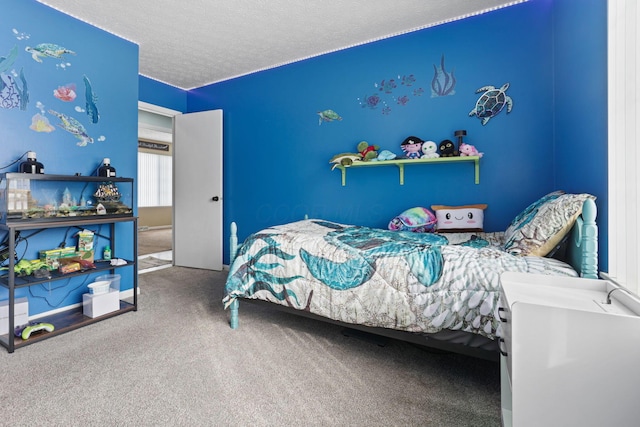 carpeted bedroom with a textured ceiling