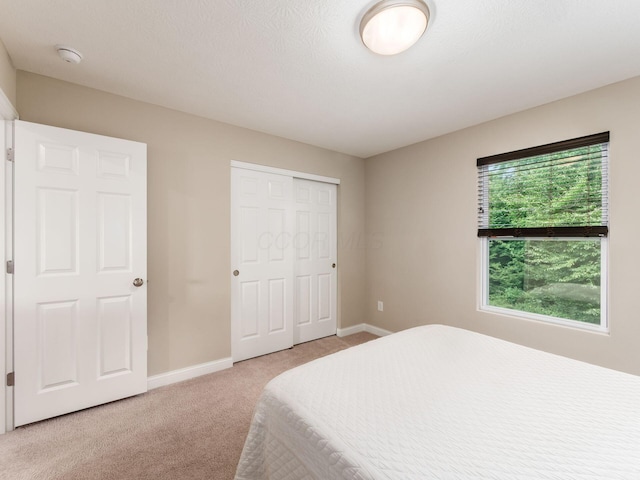 bedroom with a closet and light carpet