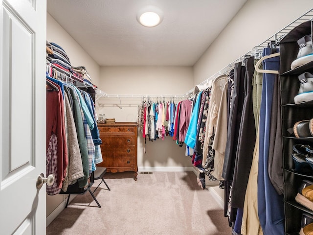 walk in closet with light carpet