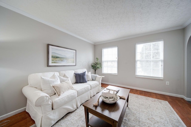 living room featuring ornamental molding, hardwood / wood-style floors, and a textured ceiling