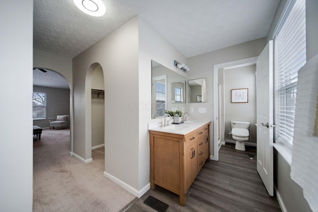 bathroom with vanity, wood-type flooring, a textured ceiling, and toilet