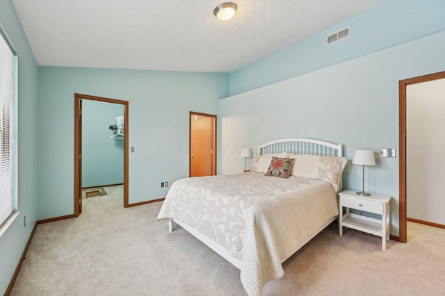 bedroom with vaulted ceiling, a spacious closet, light carpet, and a closet