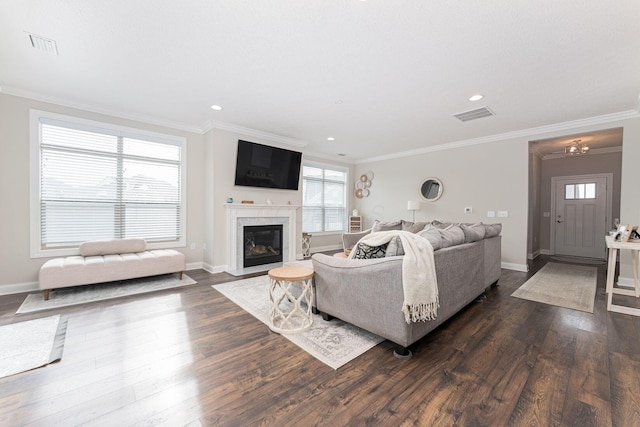 living room featuring crown molding, dark wood-type flooring, and a premium fireplace