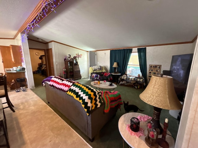 living room featuring ornamental molding and carpet flooring