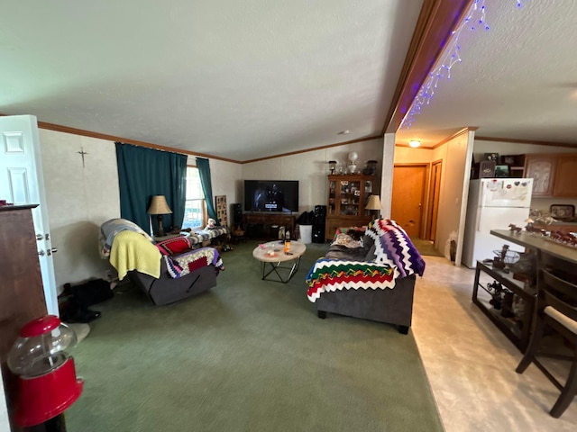 living room with crown molding, vaulted ceiling, light colored carpet, and a textured ceiling