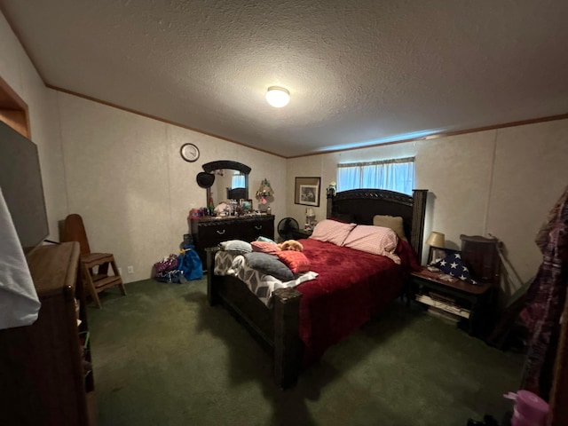 bedroom featuring crown molding, carpet, and a textured ceiling