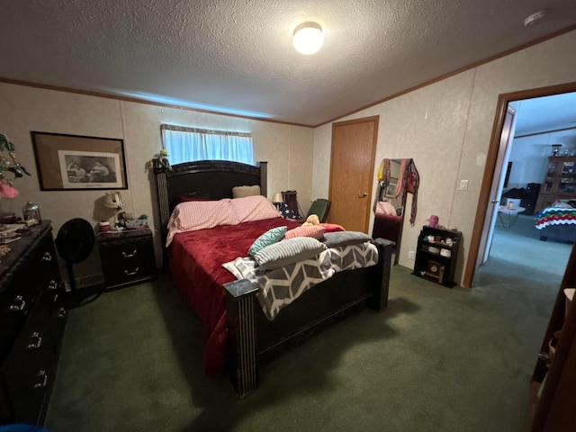 carpeted bedroom with ornamental molding and a textured ceiling