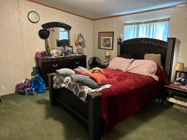 bedroom featuring ornamental molding, carpet, and a textured ceiling