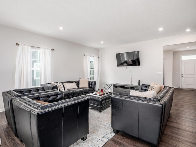 living room with plenty of natural light and dark hardwood / wood-style flooring