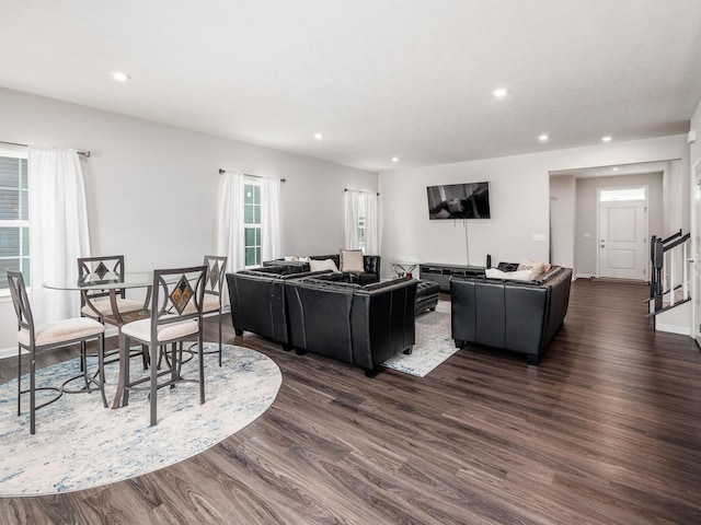 living room with dark wood-type flooring