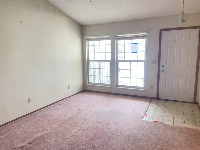 carpeted entrance foyer with a textured ceiling and lofted ceiling