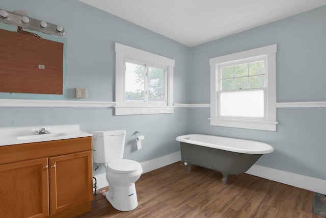 bathroom featuring a tub, wood-type flooring, toilet, and vanity