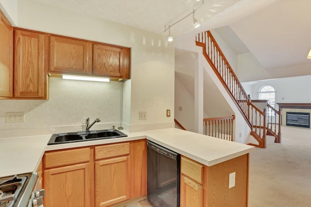 kitchen featuring sink, rail lighting, dishwasher, stove, and kitchen peninsula