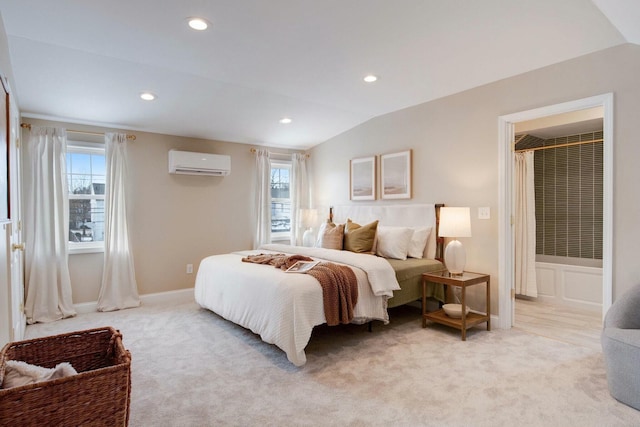 bedroom with light colored carpet, a wall mounted air conditioner, vaulted ceiling, and multiple windows