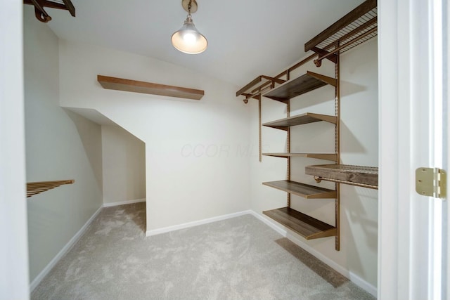 spacious closet featuring light carpet and vaulted ceiling