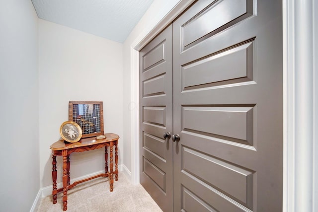 doorway to outside with light colored carpet