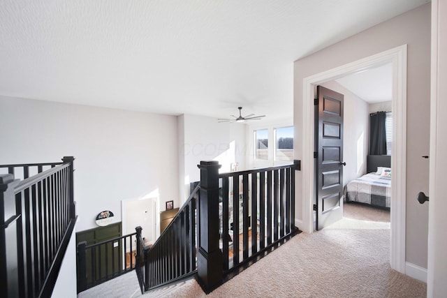 hallway featuring light colored carpet