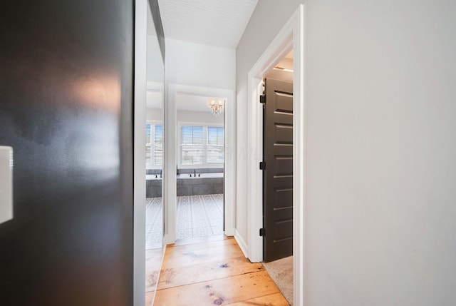 hallway featuring an inviting chandelier and light hardwood / wood-style floors