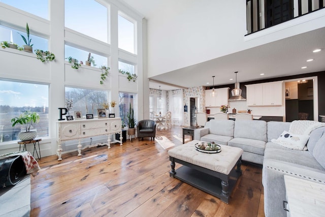 living room featuring hardwood / wood-style flooring, a towering ceiling, and a wealth of natural light