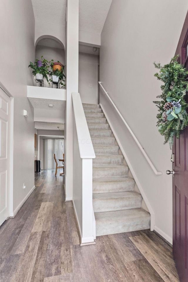 staircase with hardwood / wood-style floors