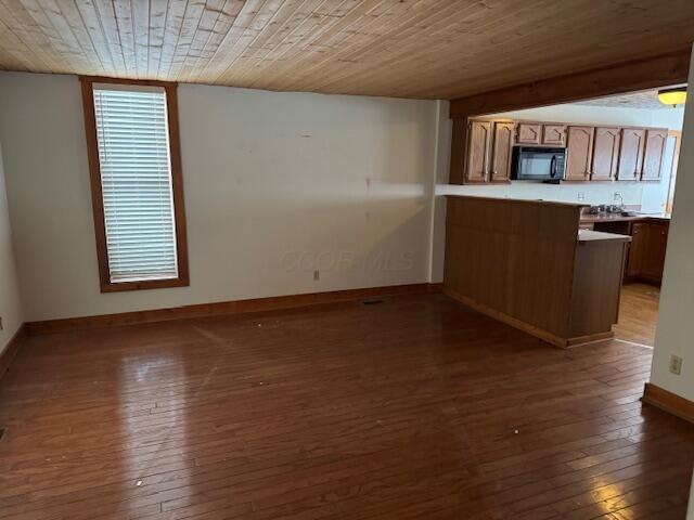 kitchen with kitchen peninsula, dark wood-type flooring, and wood ceiling