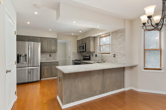 kitchen featuring sink, gray cabinetry, decorative light fixtures, appliances with stainless steel finishes, and kitchen peninsula