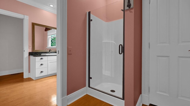 1859 Hardscrabble Rd, Alexandria, OH 43001 - bathroom with baseboards, wood finished floors, a stall shower, and vanity